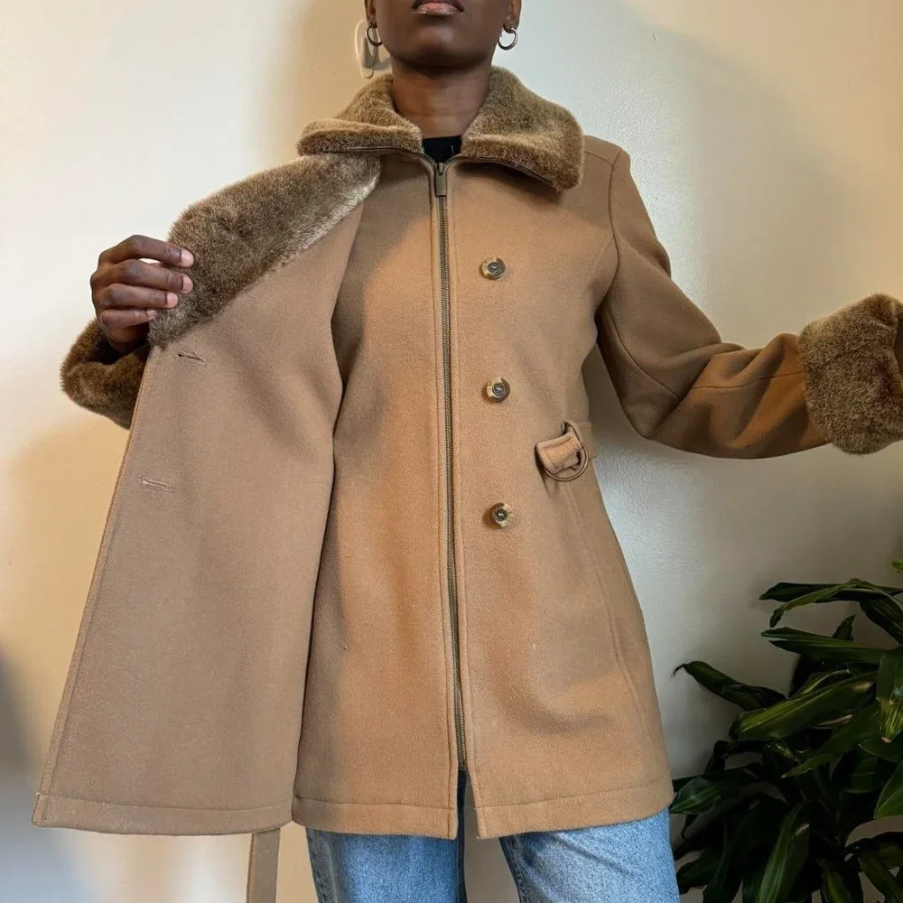 Elegant Tan Pea Coat with Faux Fur Trim - Picture 6 of 8